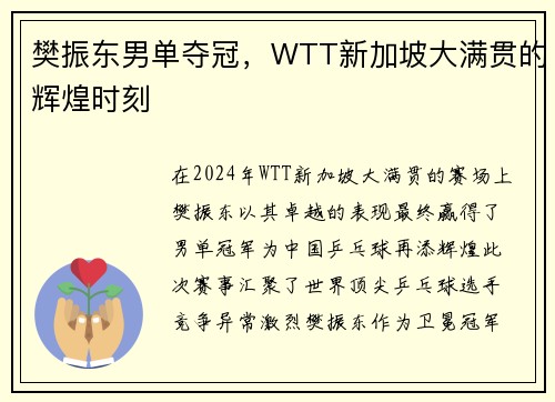 樊振东男单夺冠，WTT新加坡大满贯的辉煌时刻